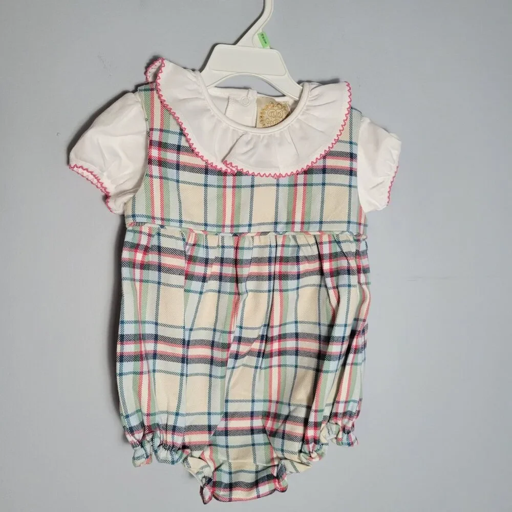The Beaufort Bonnet Co NWT Classic Plaid Brooksy Bubble Romper Set Girls 18-24M